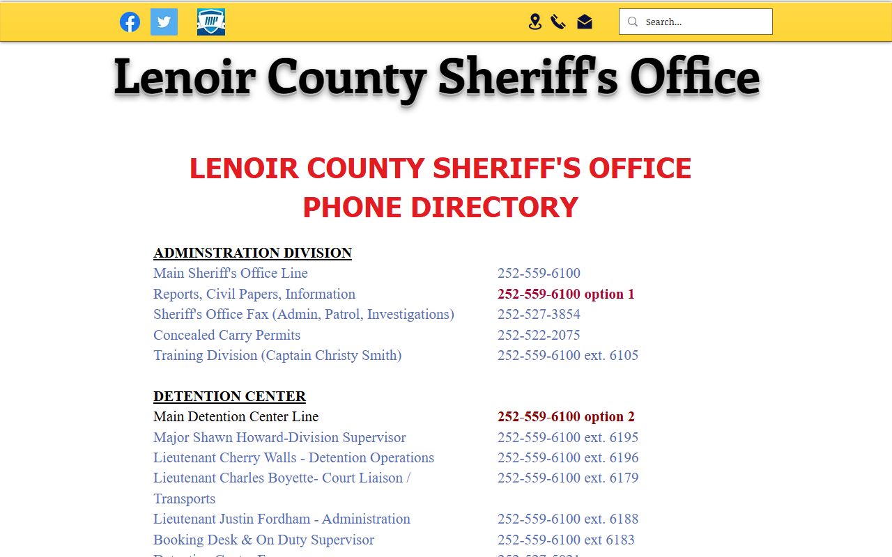Lenoir County inmate records phone directory for detention and records contacts